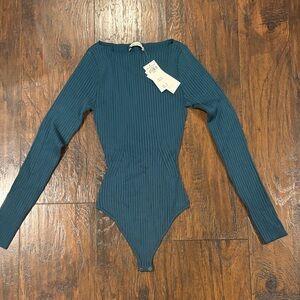 Zara Teal Ribbed Long-Sleeve One-Piece Bodysuit